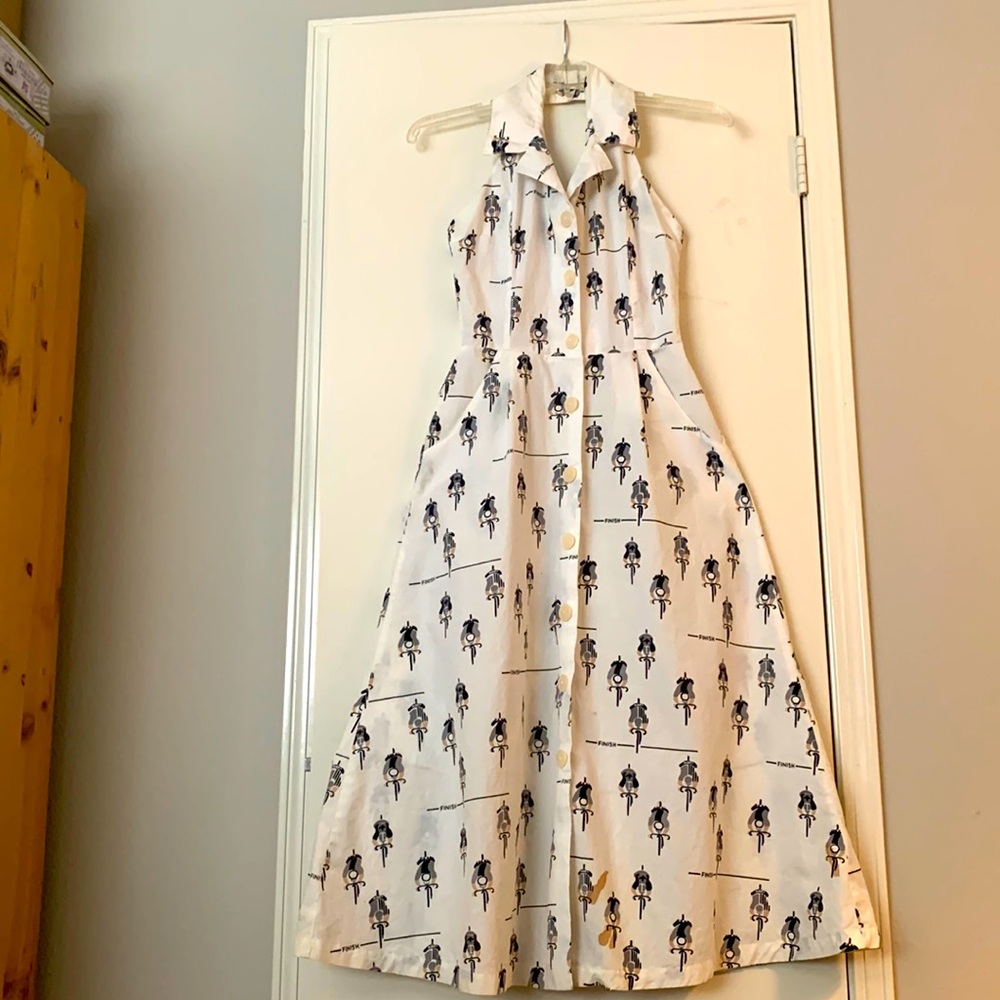 Boutique halter dress. Chantal & Vicki, S, white w/black & tan bicycle p…
